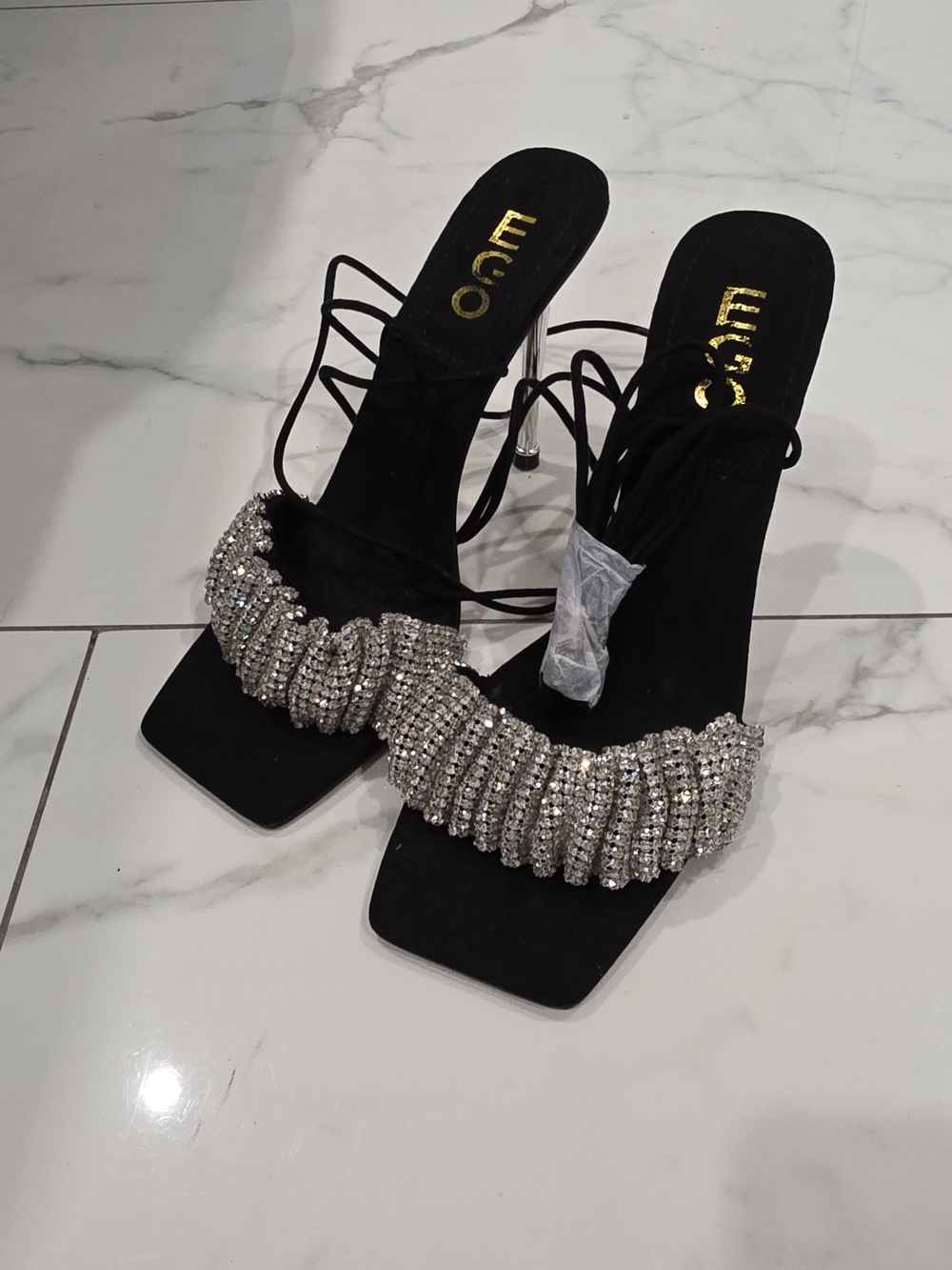 EGO Black Crystal-Strap Square-Toe Heels